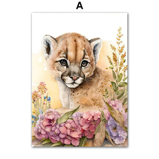 Aufmunterndes Poster eines niedlichen Pumas, umgeben von bunten Blumen, perfekt für das Kinderzimmer, erhältlich bei justgoodmood.