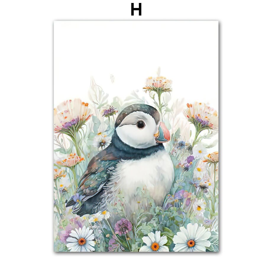 Fröhliches Puffin-Poster inmitten blühender Pflanzen, ideal für eine kreative Kinderzimmerumgebung. Kunst von justgoodmood.