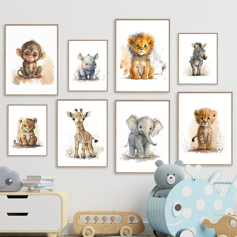Bunte Aquarell Poster mit süßen Wald- und Dschungeltieren für das Kinderzimmer, kreative Wanddekoration von justgoodmood.