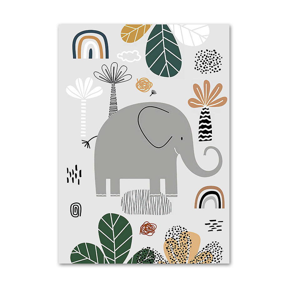 Niedliches Poster eines freundlichen Elefanten im bunten Dschungel, perfektes Kunstwerk für das Kinderzimmer. Von justgoodmood, Poster Kinderzimmer Tiere Dschungel Wald I Name Personalisiert.