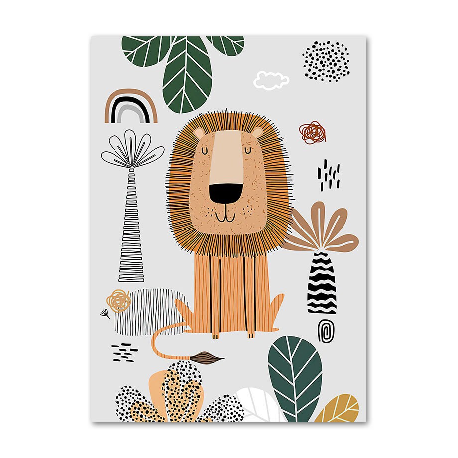 Bezauberndes Dschungeltier-Poster mit einem fröhlichen Löwen, ideal für das Kinderzimmer. Von justgoodmood, Poster Kinderzimmer Tiere Dschungel Wald I Name Personalisiert.