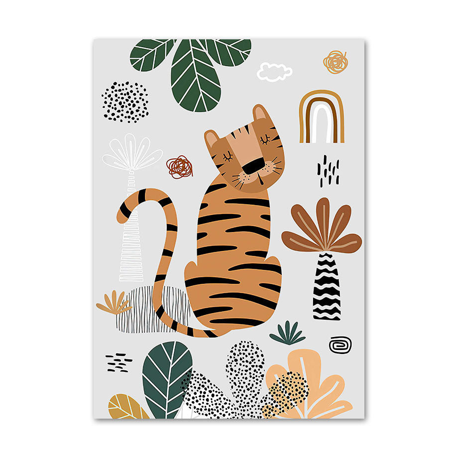 Charmantes Poster eines süßen Tigers im grünen Dschungel, ideal für die Kinderzimmer Wand. Von justgoodmood, Poster Kinderzimmer Tiere Dschungel Wald I Name Personalisiert.