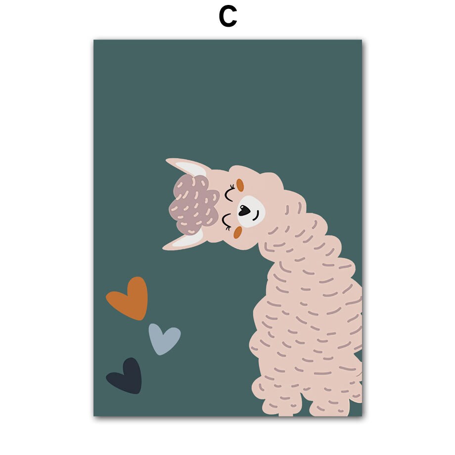 Charmantes Kinderzimmer Poster von justgoodmood mit einem niedlichen Alpaka, das farbige Herzen und Sterne zeigt, ideal für eine fröhliche Wanddekoration.