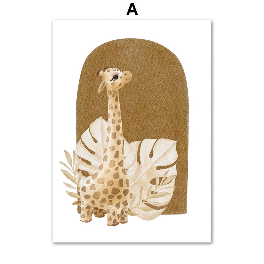 Künstlerisches Poster mit einer Giraffe in einem Boho-Design, ideal für Kinderzimmer-Dekoration von justgoodmood. Perfektes Kunstwerk für eine kreative Atmosphäre.