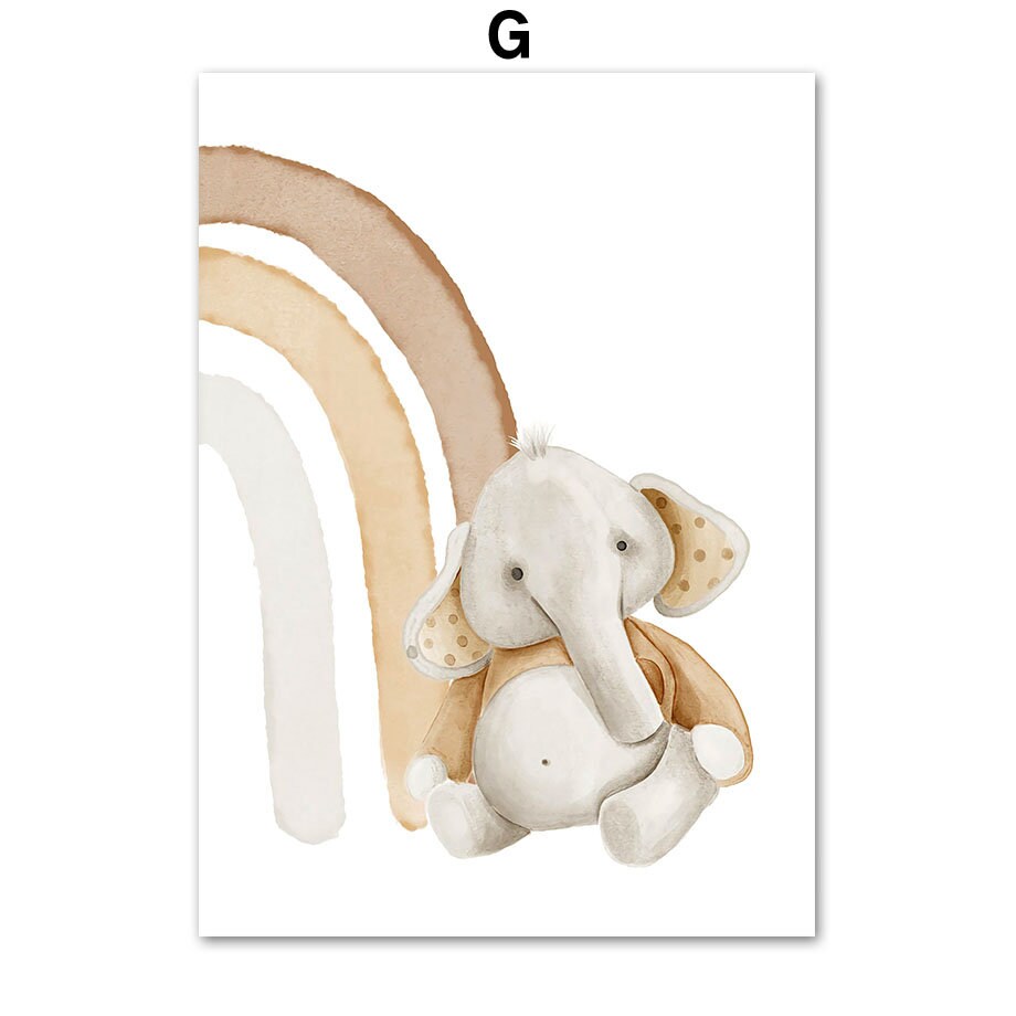 Hübsches Kunstwerk von justgoodmood mit einem entzückenden Elefanten und einem Regenbogen - eine ideale Ergänzung für die Kinderzimmer Deko.