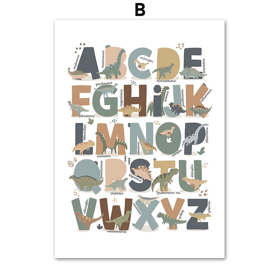 Buntes Poster mit Dinosaurier Alphabet für das Kinderzimmer von justgoodmood - perfekte Wanddekoration und Lernhilfe.