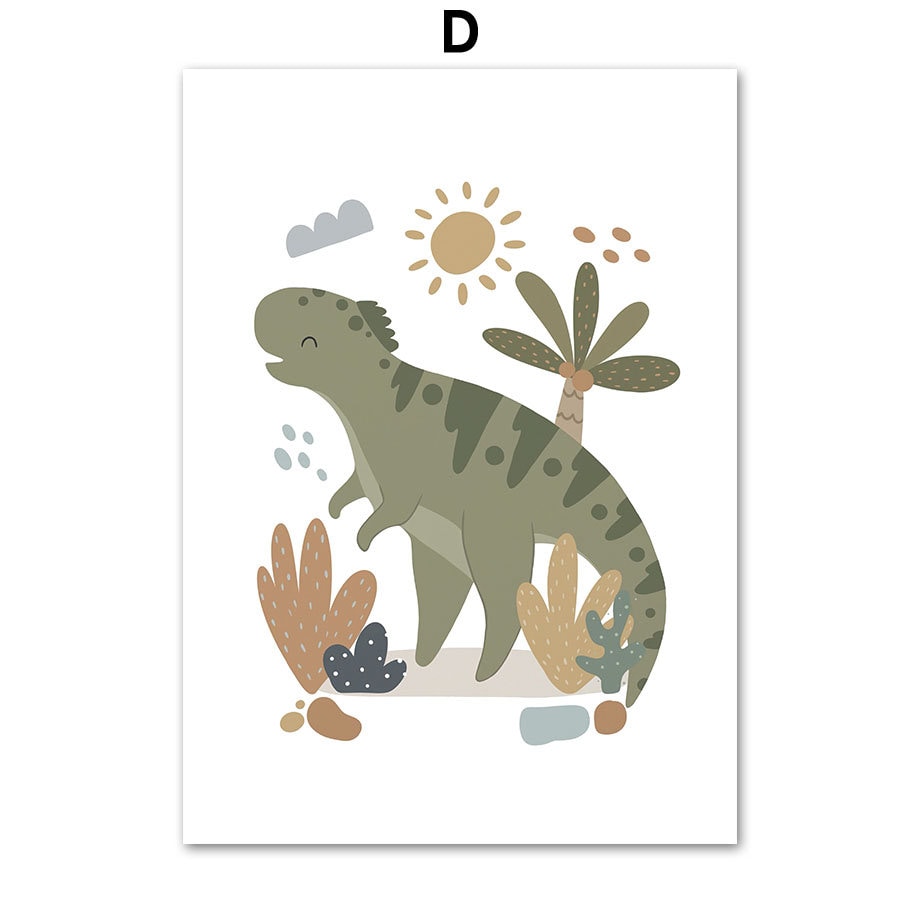 Niedliches Poster eines Dinosauriers in einem fröhlichen Design von justgoodmood, ideal für die Wandgestaltung im Kinderzimmer.