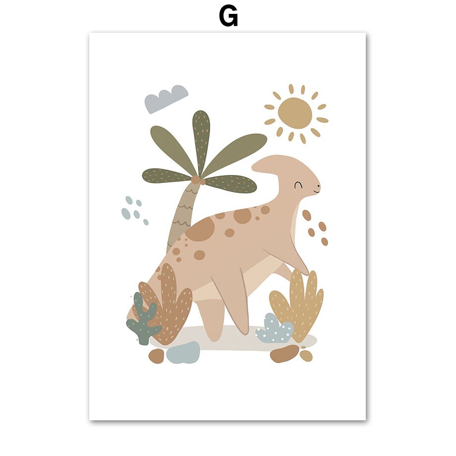 Fröhliches Dinosaurier-Motiv mit Pflanzen und Sonne auf einem hochwertigen Kunstdruck von justgoodmood. Perfekte Wanddekoration für das Kinderzimmer. Poster Kinderzimmer Dinosaurier Alphabet I.
