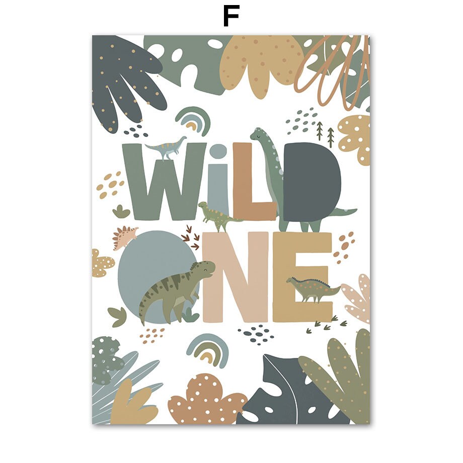 Toll gestaltetes Poster 'Wild One' mit Dinosauriern von justgoodmood, ideal für jedes Abenteuer im Kinderzimmer.