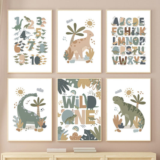 Farbige Dinosaurier-Alphabet Wanddeko für das Kinderzimmer von justgoodmood, ideales Kunst Druck für lehrreiche Einrichtung.
