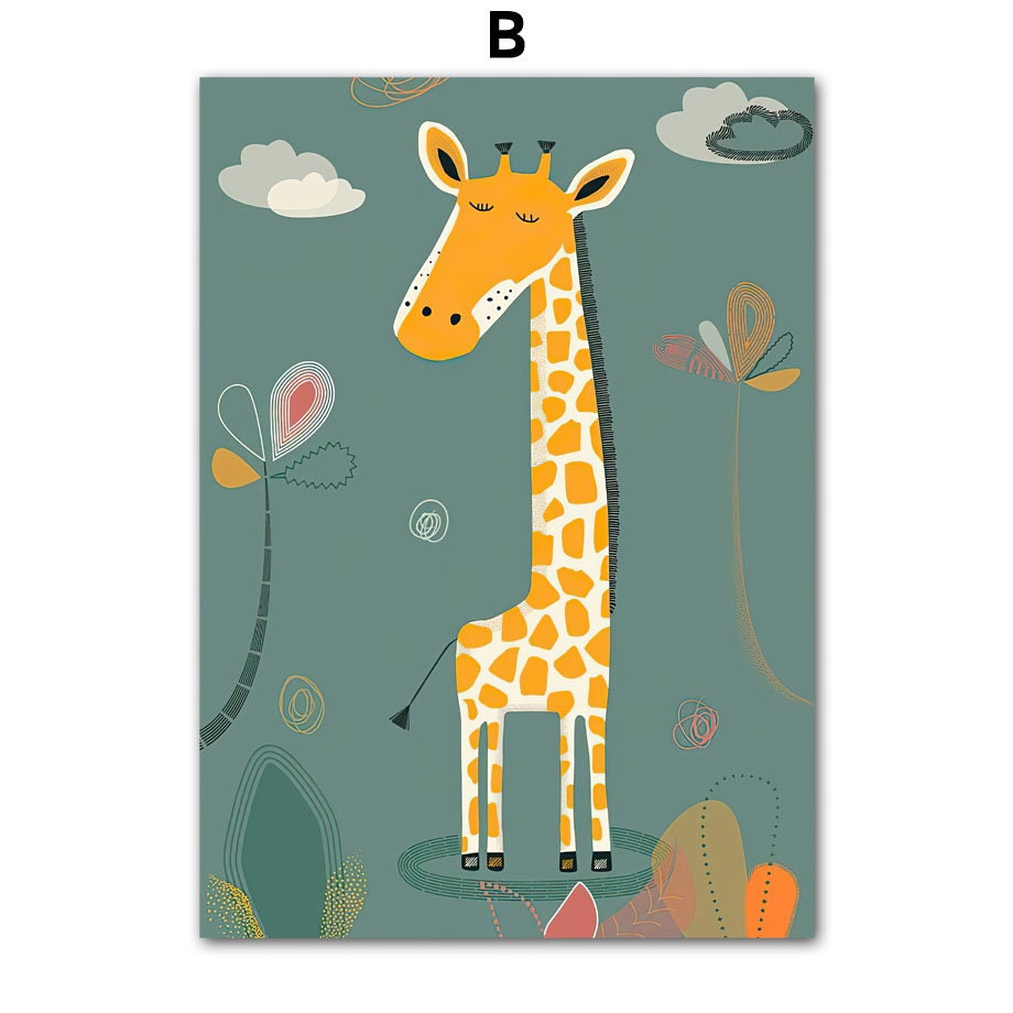 Hübsches Giraffen-Poster von justgoodmood, das die hohe Giraffe in einem feinen Dschungel-Hintergrund darstellt, ideal für das Kinderzimmer.