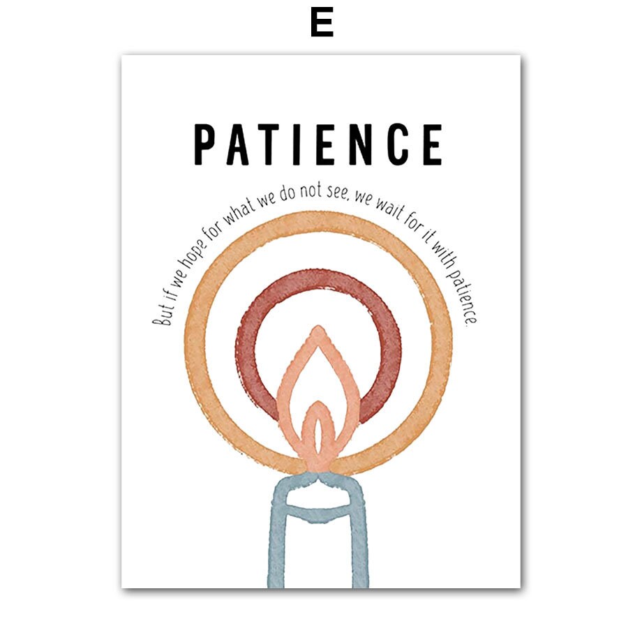 Hübsches Poster von justgoodmood mit dem Titel 'Geduld' - zeigt eine kreative Kerze und eine inspirierende Botschaft über die Kraft des Wartens. Ideal für ein farbenfrohes Kinderzimmer.