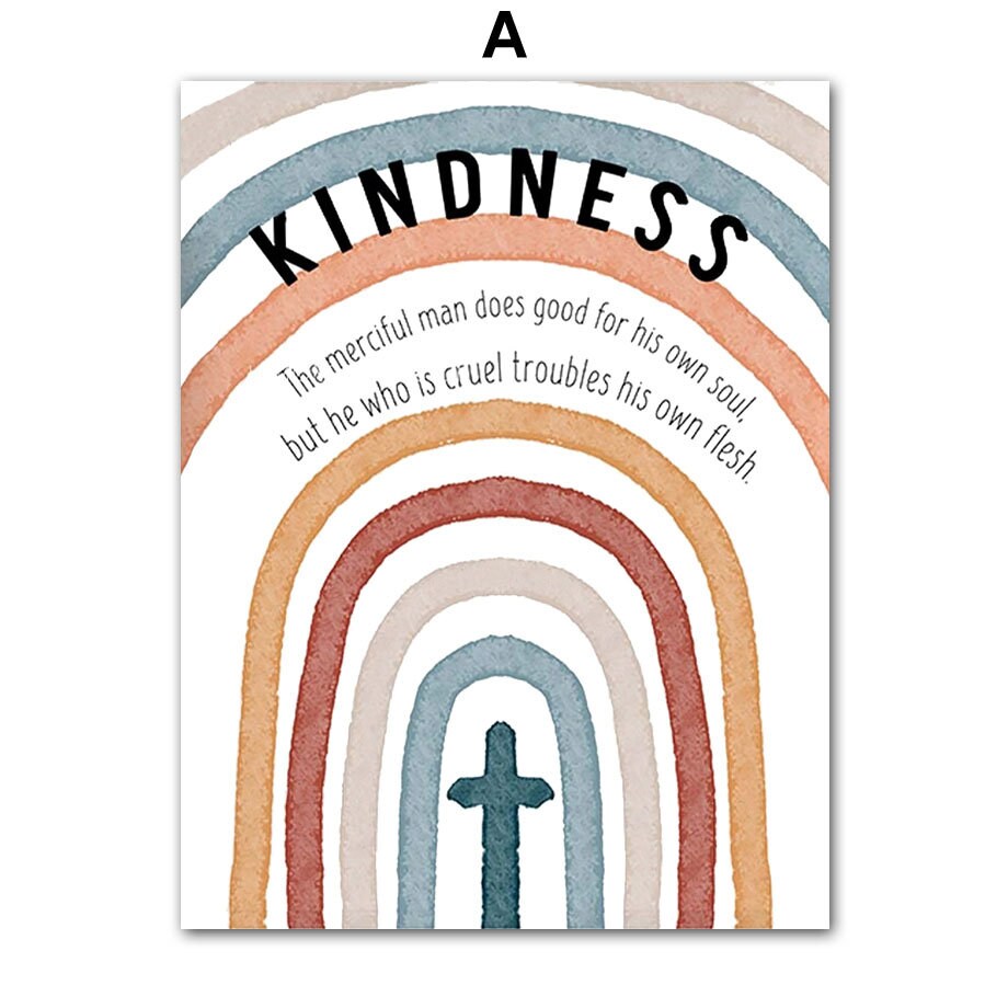 Inspirierendes Poster 'Kindness' von justgoodmood mit einem Regenbogen-Design. Diese Wandkunst bringt Farbe und positive Botschaften in jedes Kinderzimmer.