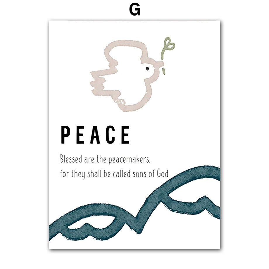 Charmantes Poster von justgoodmood mit dem Titel 'Frieden' - zeigt eine friedliche Taube und eine ermutigende Botschaft. Perfekte Wandkunst für Kindergärten und Zuhause.