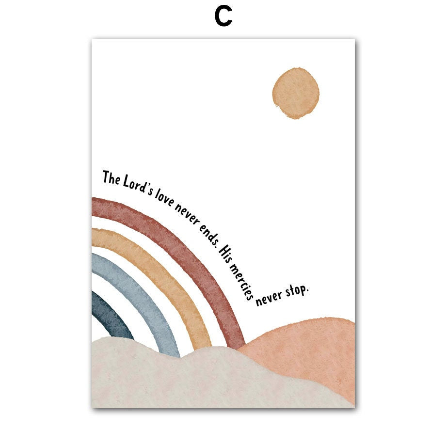 Wunderschönes Poster von justgoodmood mit dem Spruch über die unendliche Liebe des Herrn, ideal für ein Kinderzimmer - Künstlerischer Druck. Titel: Poster Kinderzimmer Herz Kreuz.