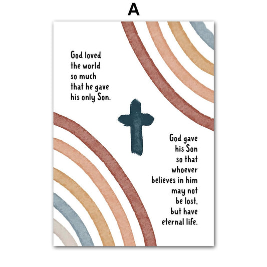 Wunderschönes Poster Gott liebt die Welt, mit bunten Regenbögen und einem Kreuz. Perfekt für das Kinderzimmer, von justgoodmood - Poster Kinderzimmer Herz Kreuz.