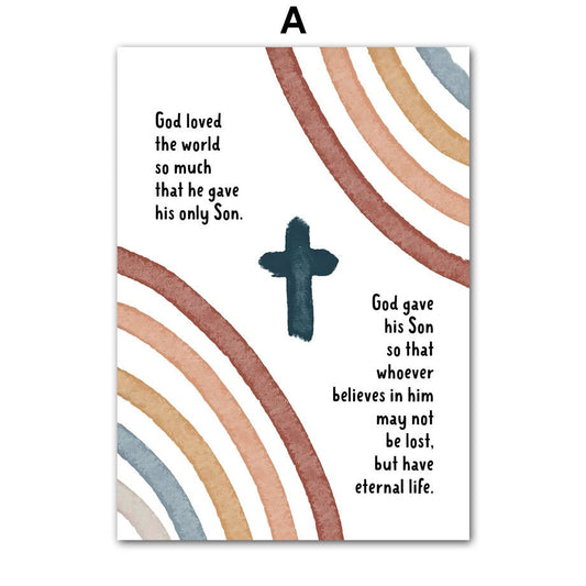 Inspirierendes Poster von justgoodmood mit biblischem Zitat und bunten Regenbogenlinien - Herz Kreuz Kunst für Kinderzimmer. Titel: Poster Kinderzimmer Herz Kreuz.