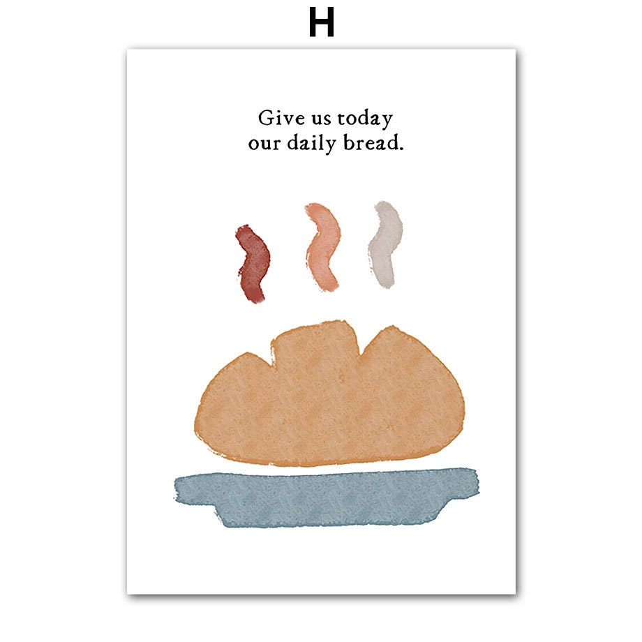 Lustiges Aquarell-Poster 'Herz Kreuz' von justgoodmood, das frisches Brot darstellt mit dem Text 'Gib uns heute unser tägliches Brot' – perfekte Wanddekoration für Kinder.