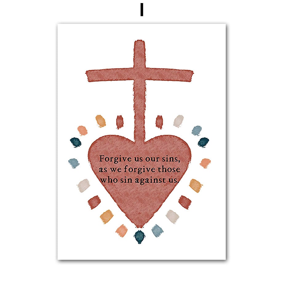 Das Poster "Kinderzimmer Herz Kreuz" von justgoodmood illustriert ein herzförmiges Design mit einem Kreuz, umgeben von bunten Punkten. Ein schönes Kunstwerk für ein Kinderzimmer mit herzlicher Botschaft.