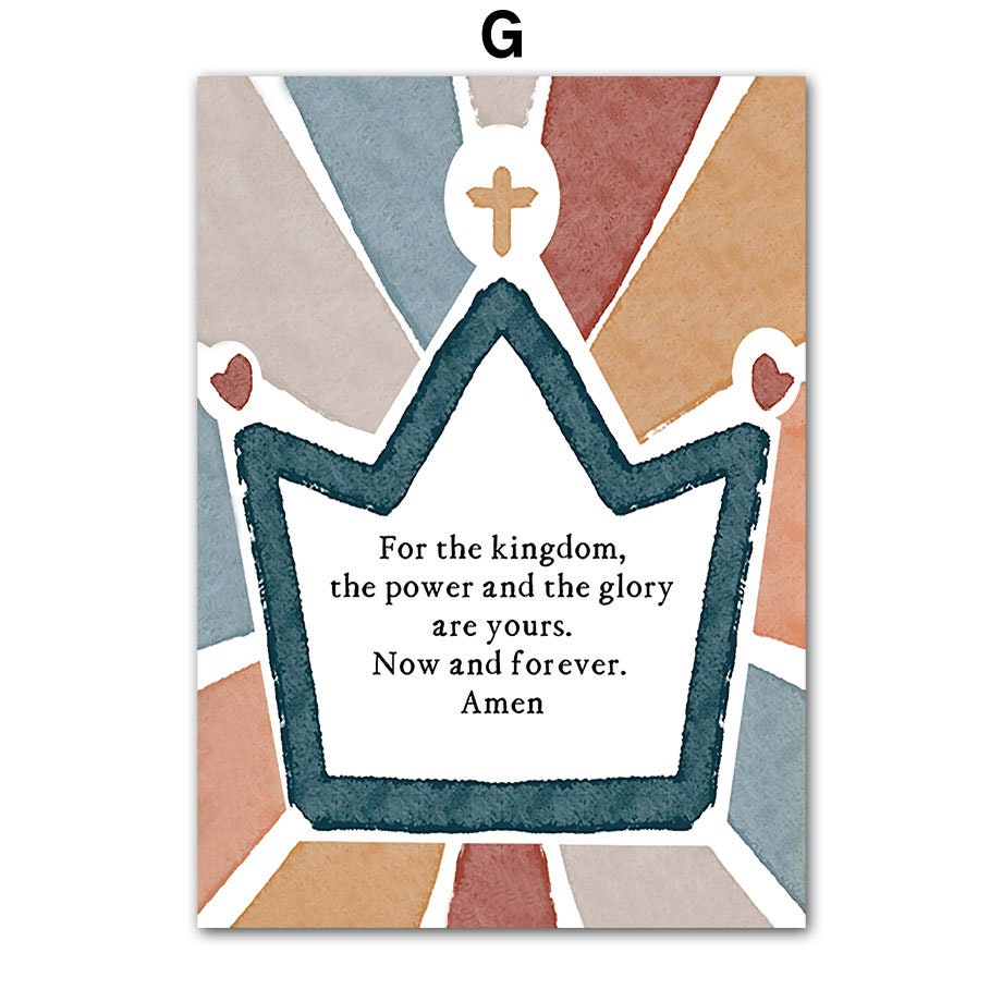 Wunderschönes Aquarell-Poster 'Herz Kreuz' von justgoodmood, das eine Krone umrahmt und den Text zu Königreich und Macht zeigt – ideales Kinderzimmer-Dekor.