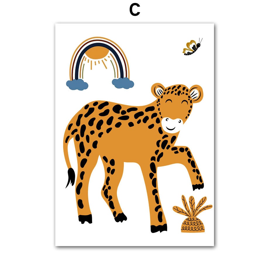 Fröhliches Poster von justgoodmood mit einem liebenswerten Leoparden, einem Regenbogen und einer Biene, ideal für Kinderzimmer Dekoration "Born to be Wild".