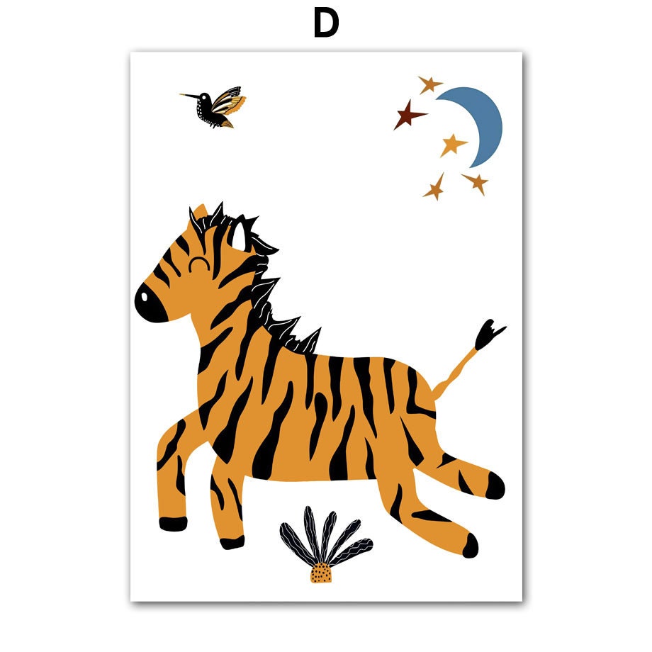 Bezauberndes Poster von justgoodmood mit einem fröhlichen Zebra unter einem Mond und Sternen, perfekt für die Wandgestaltung im Kinderzimmer "Born to be Wild".