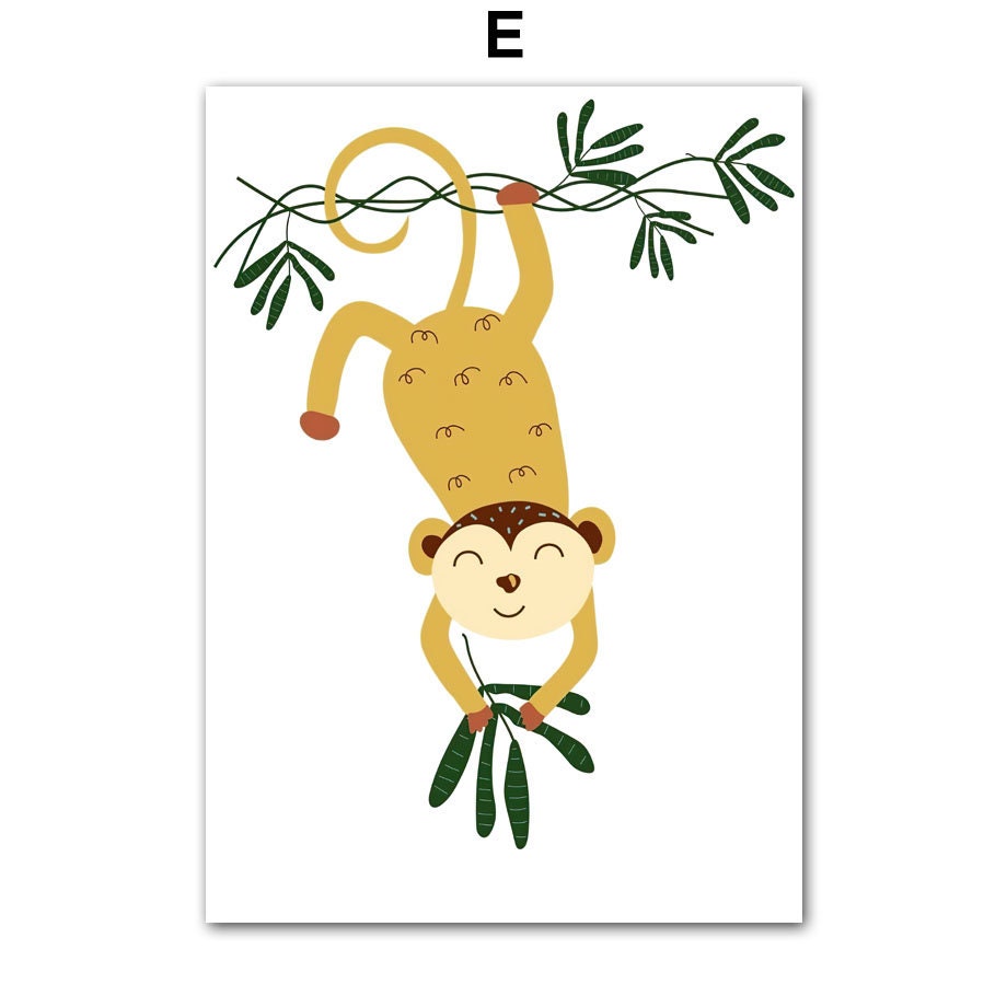 Niedliches Poster von justgoodmood mit einem lächelnden, hängenden Affen, der Blätter hält, ein toller Akzent für das Kinderzimmer "Born to be Wild".