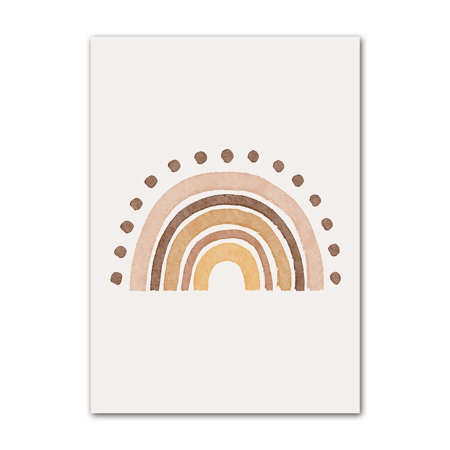 Attraktives Regenbogen-Poster in sanften Farben, perfekt für eine fröhliche Kinderzimmeratmosphäre von justgoodmood - Poster Kinderzimmer Alpaka Regenbogen Kaktus Zeichentrick.