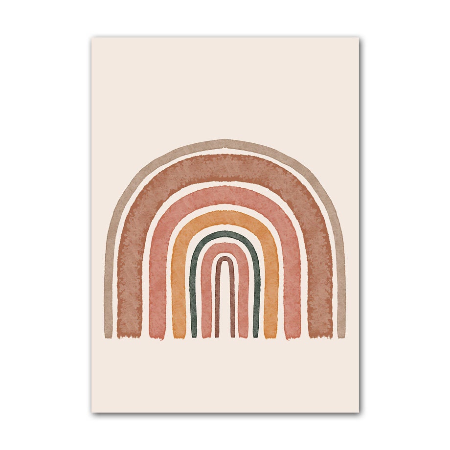 Hübsches Regenbogen-Poster in erdigen Tönen, ideal für die kreative Wandgestaltung im Kinderzimmer von justgoodmood - Poster Kinderzimmer Alpaka Regenbogen Kaktus Zeichentrick.