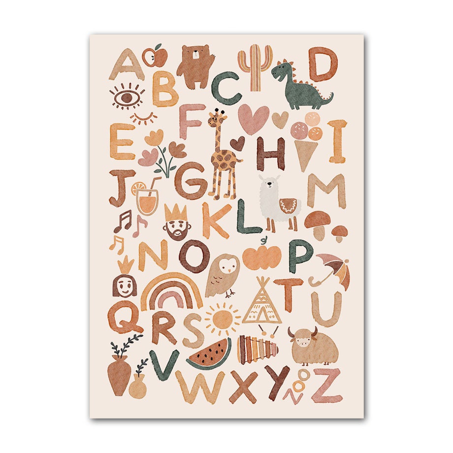 Buntes Alphabet-Poster mit Tieren und Pflanzenmotiven, ideal zur Dekoration im Kinderzimmer; von justgoodmood, Poster Kinderzimmer Alpaka Regenbogen Kaktus Zeichentrick.