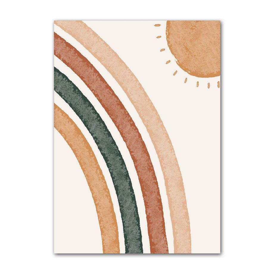 Stylisches Poster mit sanften Regenbögen und Sonne, bringt Freude und Kreativität ins Kinderzimmer; von justgoodmood, Poster Kinderzimmer Alpaka Regenbogen Kaktus Zeichentrick.