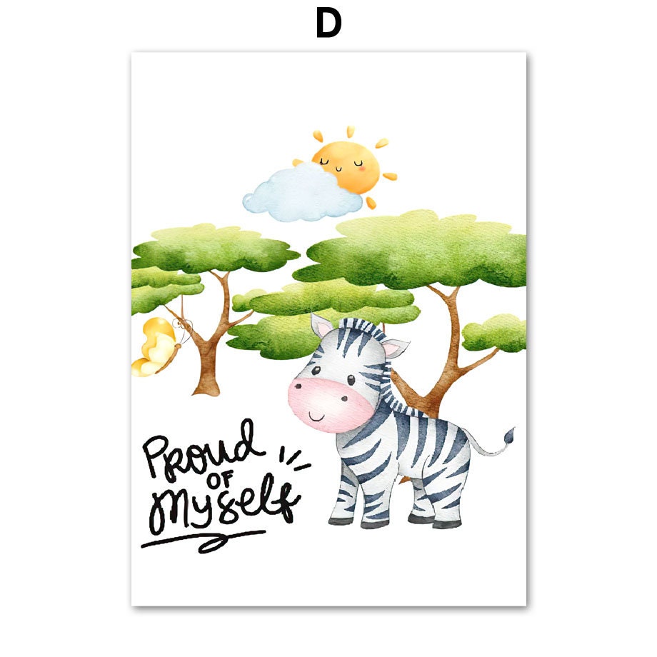Niedliches Poster für das Kinderzimmer mit einem groen Zebra und dem Text 'Proud of Myself', perfekt für eine fröhliche Wanddekoration, erhältlich bei justgoodmood. Poster Kinderzimmer Dschungel Tiere Zeichentrick.