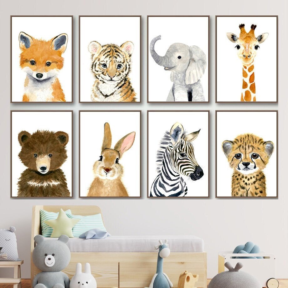 Buntes Poster-Set mit niedlichen Tieren wie Fuchs, Elefant, Bär, Hase, Zebra und mehr, ideal für das Kinderzimmer, von justgoodmood. Poster Kinderzimmer Tiere Fuchs Elefant Bär Hase Zebra I Kinderzimmer Bilder I Wand Deko I Kunst Druck I Deko Print I ohne Rahmen.