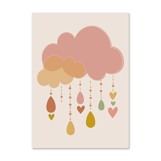 Niedliches Poster von justgoodmood mit stilisierten Wolken und Herz-Hängern, ideal für eine fröhliche Kinderzimmergestaltung.