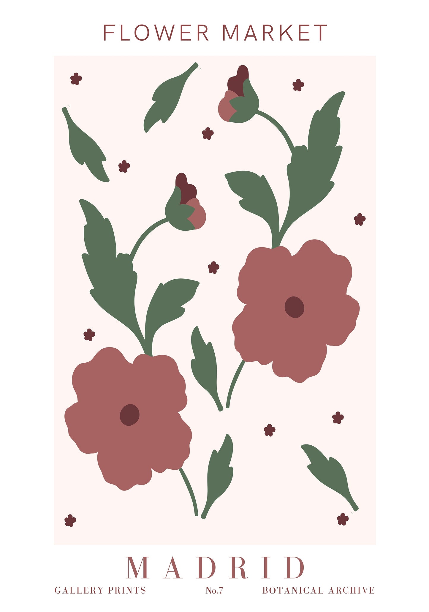 Einladendes Poster "Blumen Markt" von justgoodmood, das charmante rot-braune Blumen in einem kreativen Design zeigt, perfekt für die Innenraumdekoration.