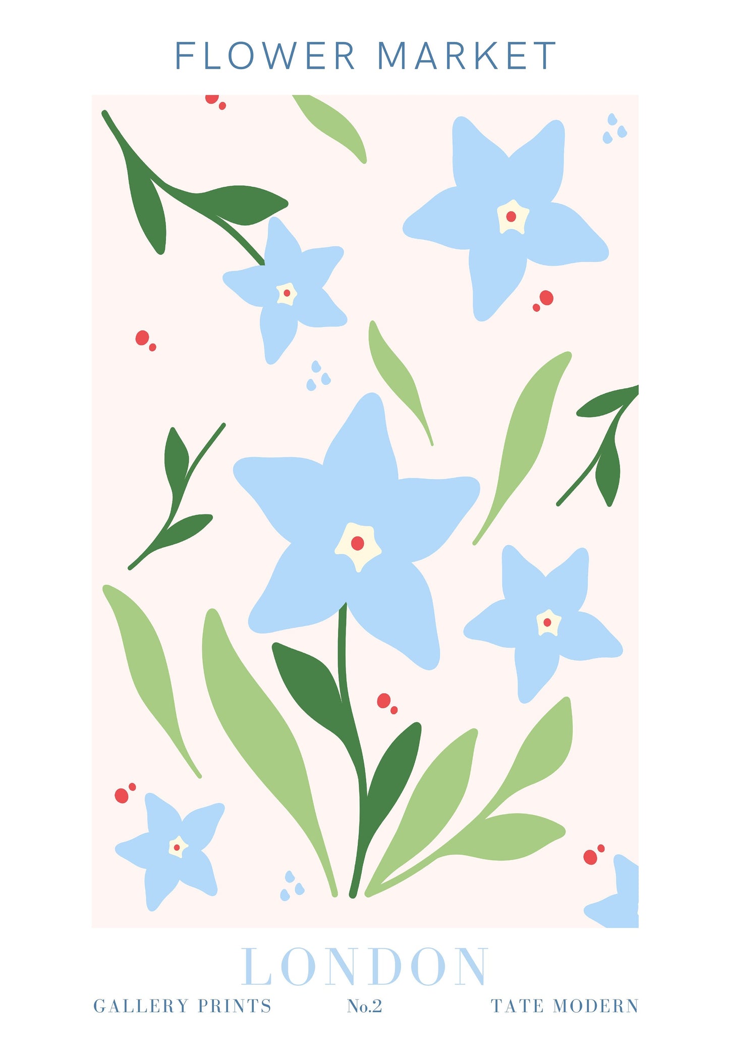 Ein künstlerisches Poster mit dem Titel 'Blumen Markt', erstellt von justgoodmood. Es zeigt blaue Blumen und grüne Blätter, ideal für eine frische und einladende Wandgestaltung.