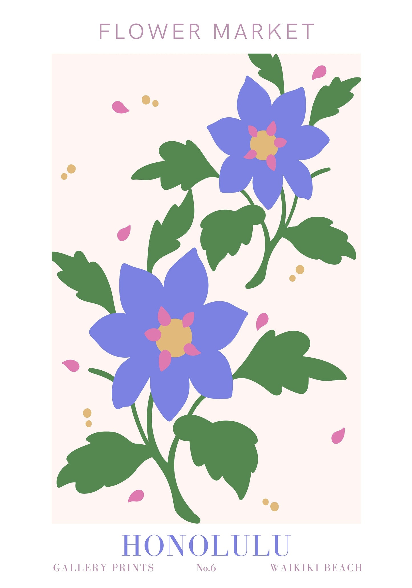 Lebhaftes Poster "Blumen Markt" von justgoodmood mit blühenden blauen Blumen, ideal für eine frische Wandgestaltung in jedem Raum.