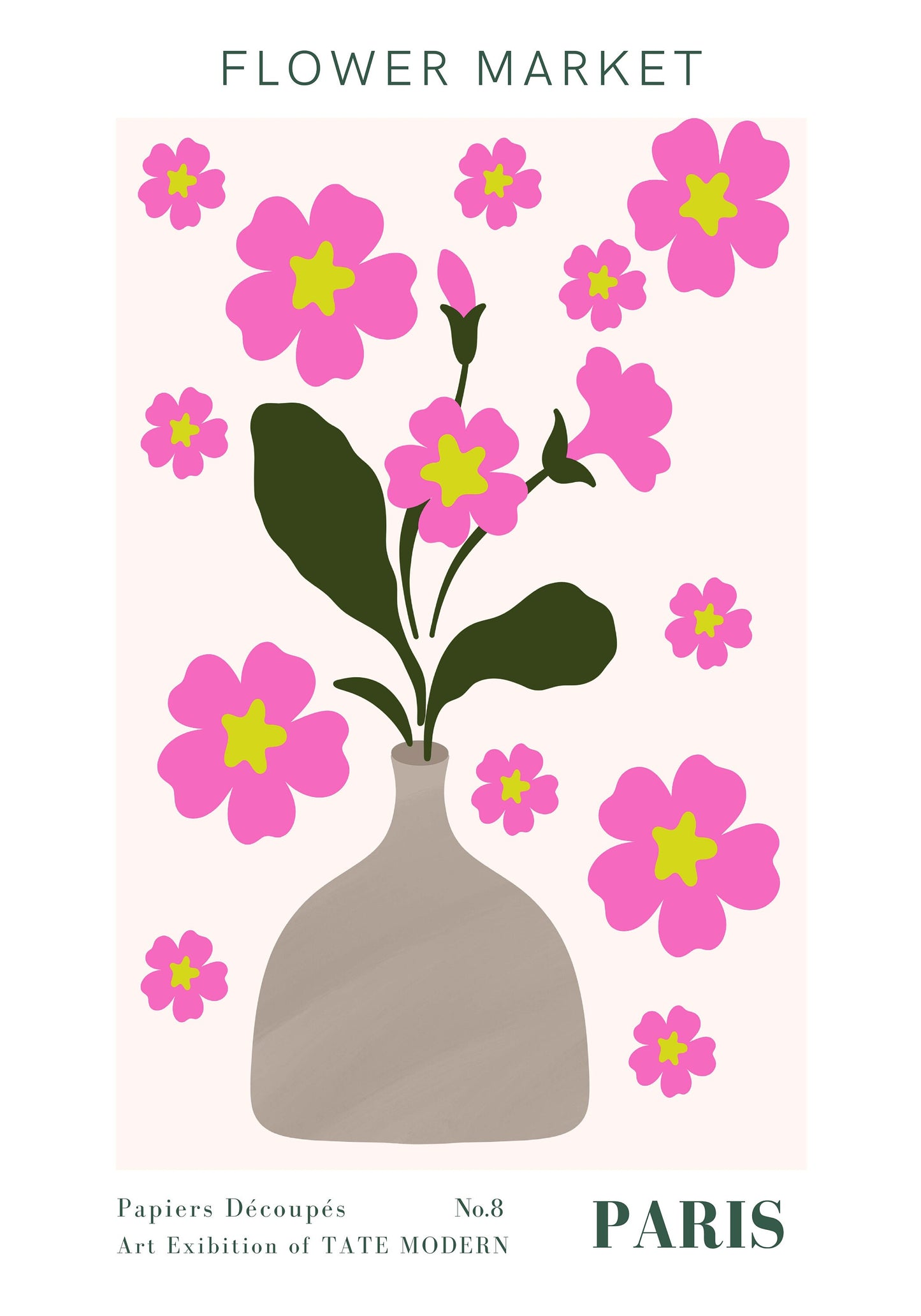 Wunderschönes Poster "Blumen Markt" von justgoodmood mit strahlenden rosa Blumen in einer Vase, ideal für fröhliche Wandakzente in Ihrem Zuhause.