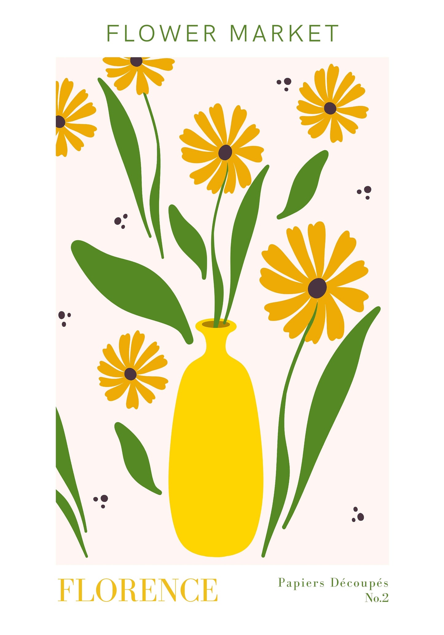 Ein lebhaftes Poster von justgoodmood mit dem Titel 'Blumen Markt', das gelbe Blumen in einer Vase zeigt. Diese stilvolle Wanddekoration bringt Freude in Ihr Zuhause.