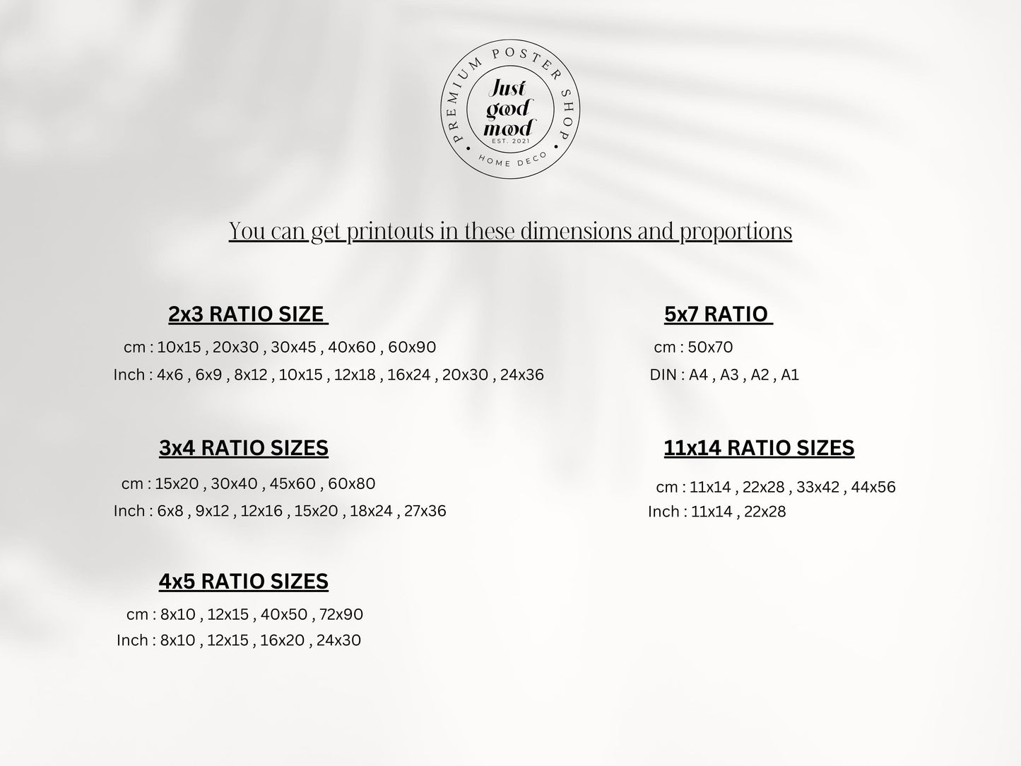 Dimensionen und Proportionen für Drucke des Reise Druck 6er Sets von justgoodmood, einschließlich 2x3, 3x4, 4x5, 5x7 und 11x14 Größen in verschiedenen cm und inch Angaben.