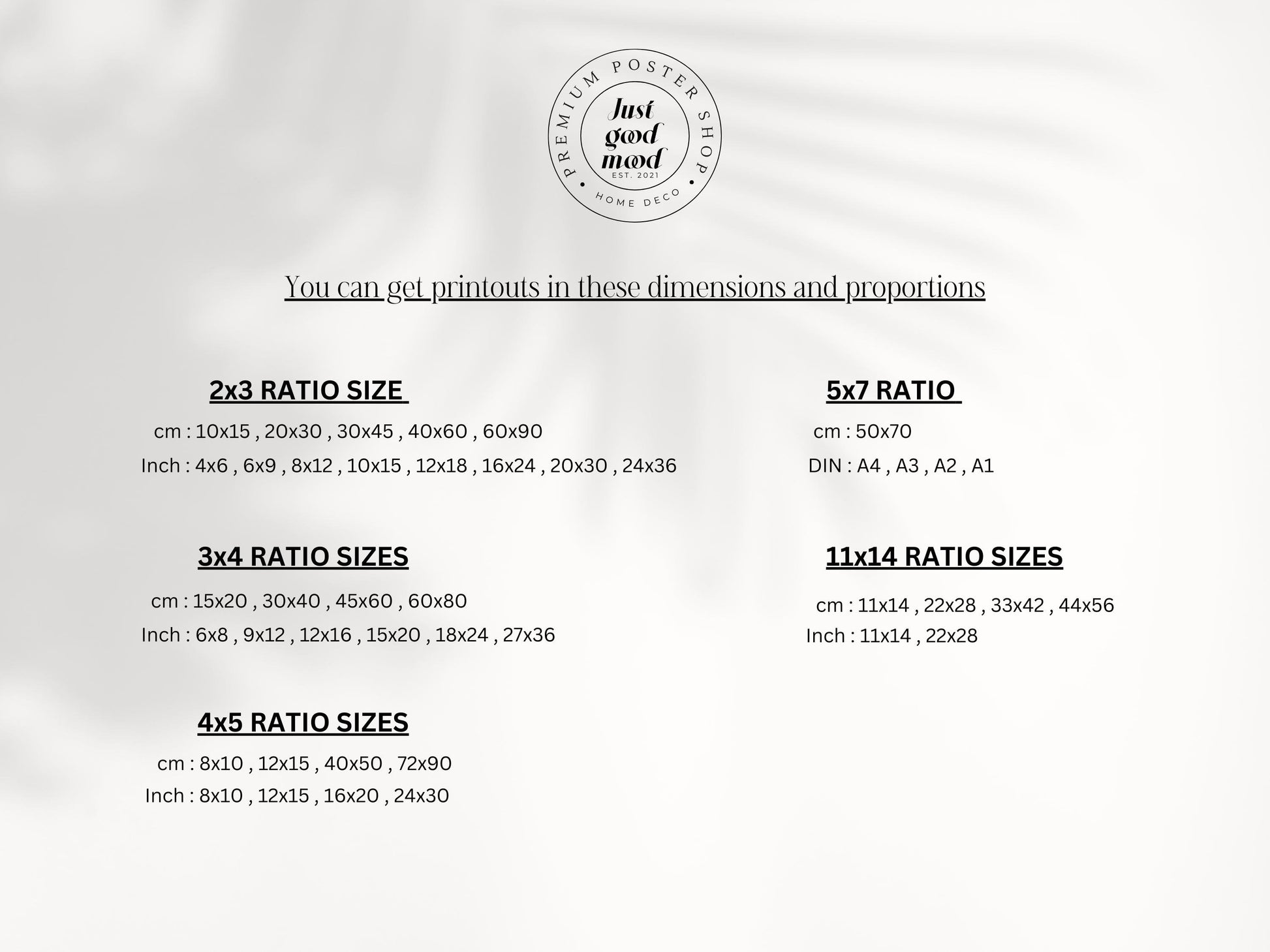 Dimensionen und Proportionen für Drucke des Reise Druck 6er Sets von justgoodmood, einschließlich 2x3, 3x4, 4x5, 5x7 und 11x14 Größen in verschiedenen cm und inch Angaben.