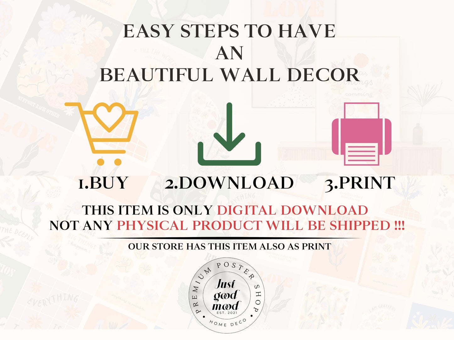 Grafik mit einfachen Schritten zur Gestaltung schöner Wanddekoration, digitaler Download von justgoodmood, perfekt für kreative Heimdekoration.