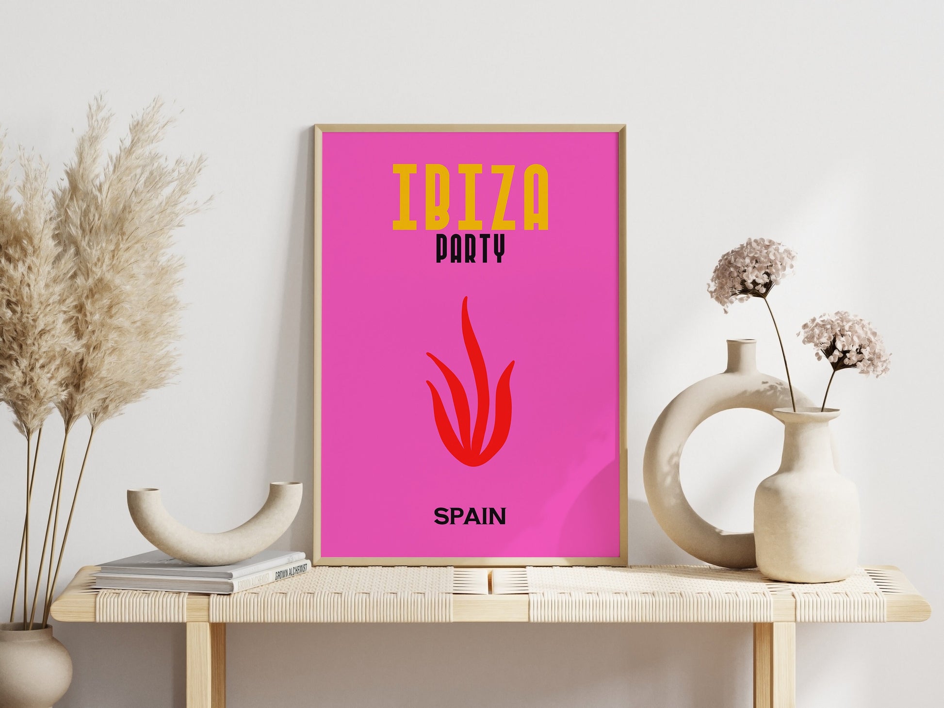 Ibiza Party Poster von justgoodmood, ein Bestandteil des Reise Druck 6er Sets, mit lebhaften Farben, die Freude und Energie ausstrahlen.