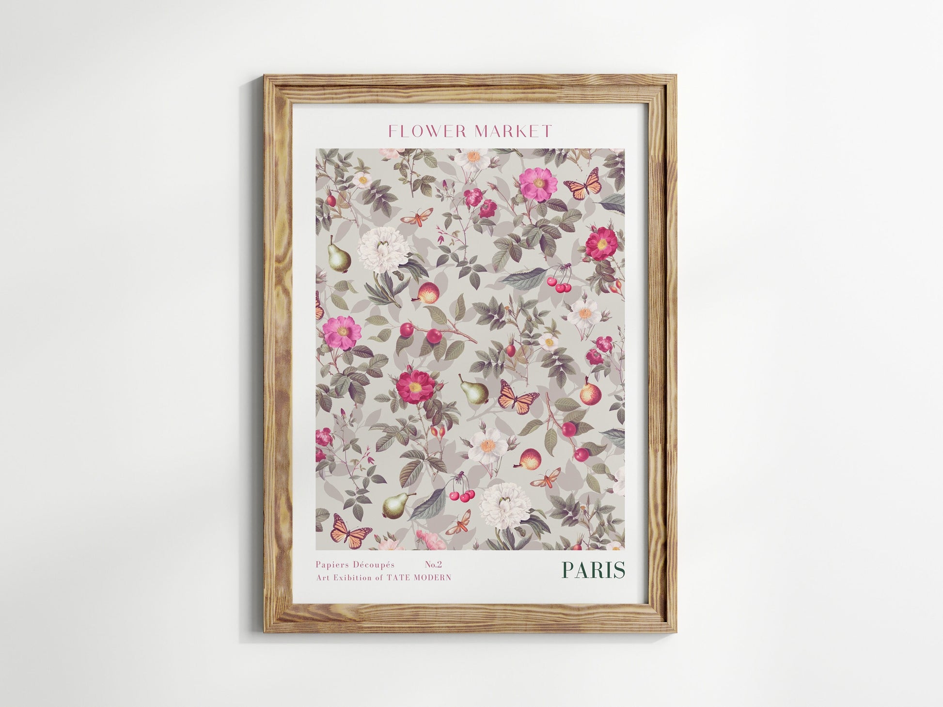 Ansprechendes Poster "Flower Market Blumen V2" von justgoodmood, das eine elegante Anordnung von Blumen und Schmetterlingen zeigt. Perfekt für ein liebevolles Zuhause.