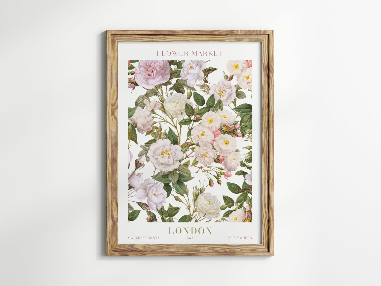Elegantes Poster "Flower Market Blumen V2" von justgoodmood, das zarte rosa Rosen und botanische Designs präsentiert. Ideal für eine stilvolle Wanddekoration.
