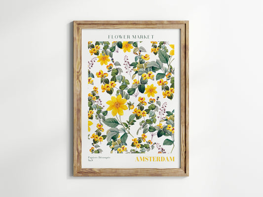 Framed Poster von justgoodmood mit dem Titel 'Flower Market Blumen V2'. Bunte botanische Wandkunst mit gelben und grünen Blumen, perfekt für ein stilvolles Wohnzimmer.