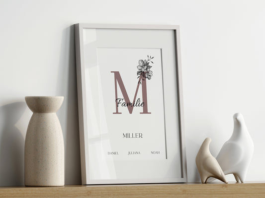 Schönes personalisiertes Familienposter von justgoodmood, ideal als Geschenk. Das Bild zeigt den Titel 'Poster Familie Personalisiert Namen' in einem modernen Rahmen.