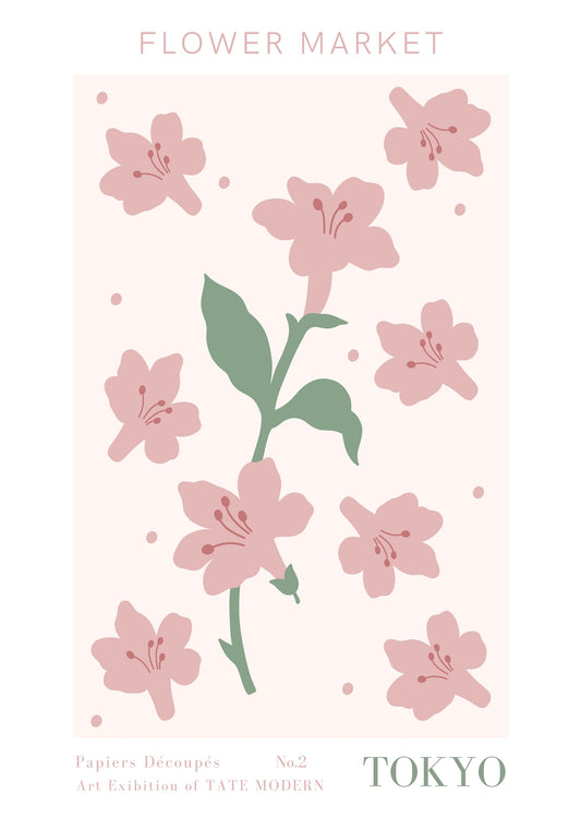 Ein fröhliches Poster mit dem Titel 'Blumen Markt' von justgoodmood, das zarte rosa Blüten zeigt. Perfekte botanische Wandkunst für eine charmante Dekoration in jedem Raum.