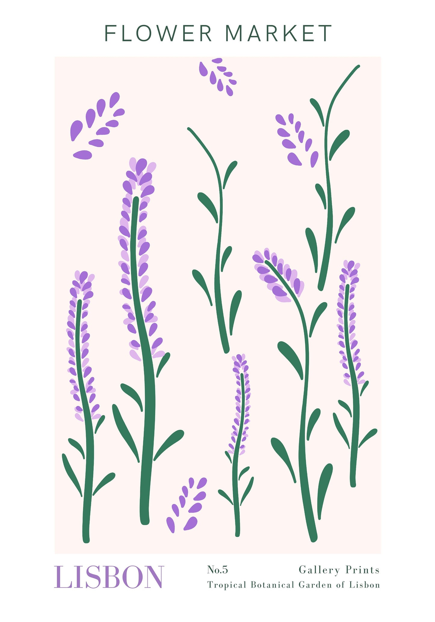 Faszinierendes Poster "Blumen Markt" von justgoodmood, das elegante Lavendelblüten in lebendigen Farben präsentiert, perfekt für stilvolle Wandbilder.