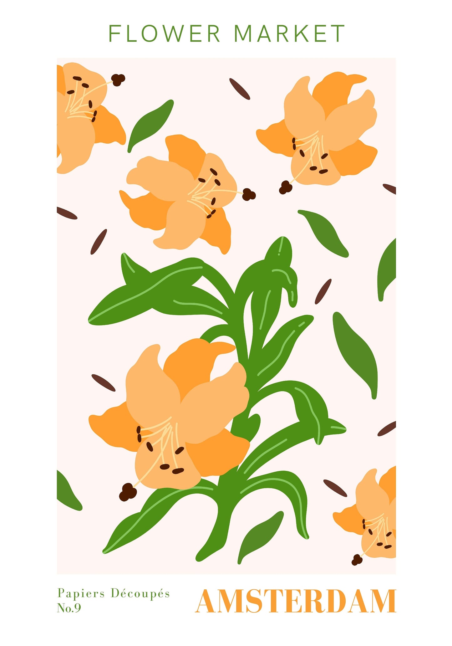 Fröhliches Blumen-Markt Poster von justgoodmood mit leuchtenden orangen Blumen und grünem Blattwerk, perfekte botanische Wandkunst für Wohnzimmer und Schlafzimmer.